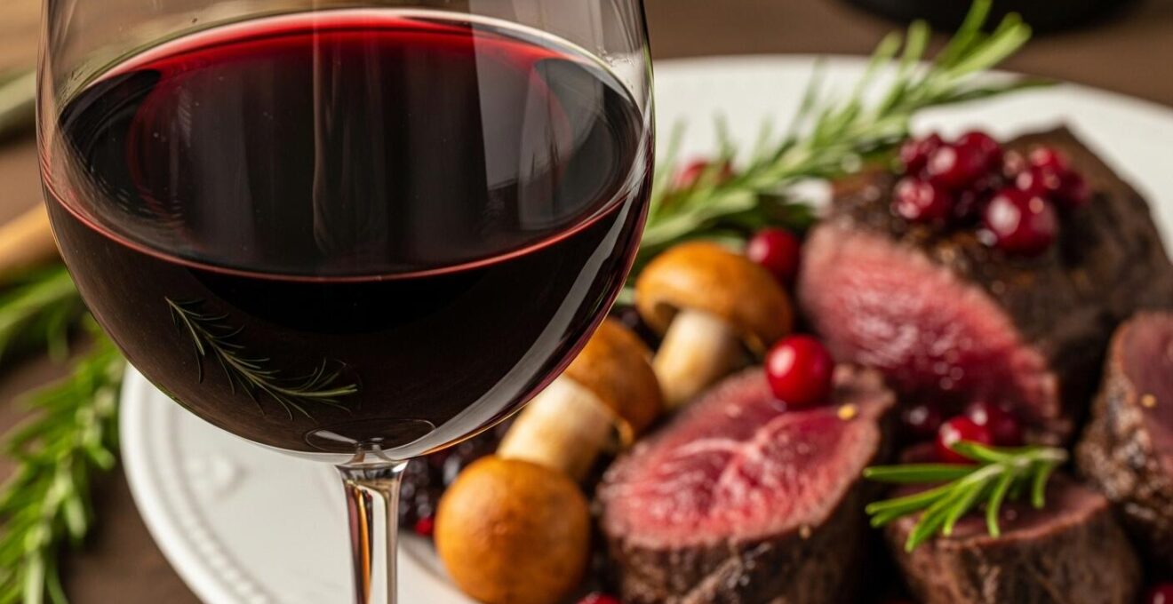 Photographie macro d'un verre de vin rouge posé à côté d'une assiette de gibier accompagné de légumes forestiers