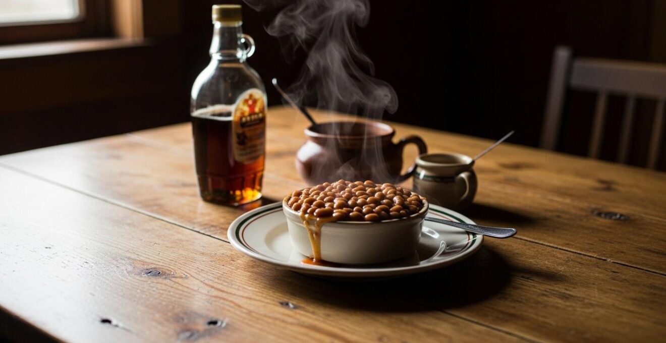 Table rustique en bois avec une assiette de fèves au lard, sirop d'érable et mets traditionnels de cabane à sucre
