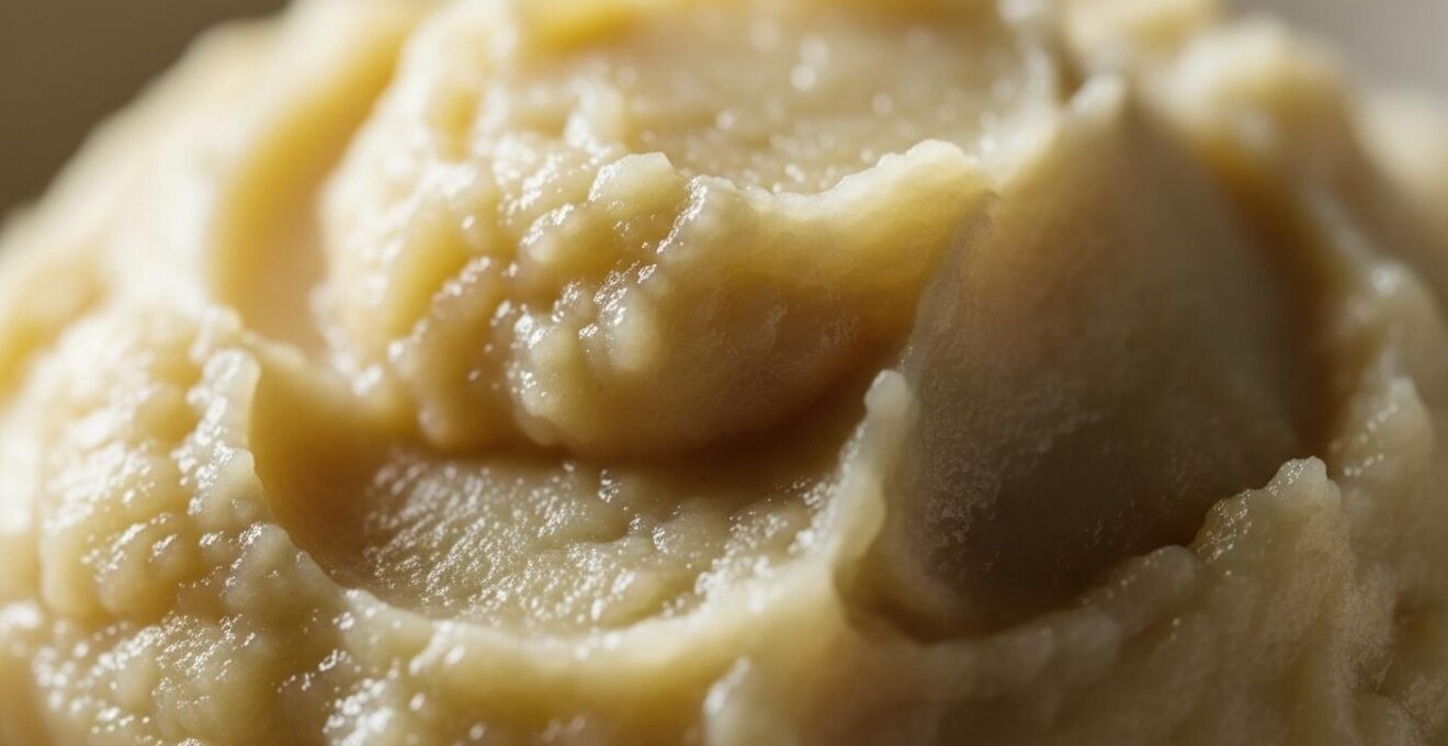 Gros plan macro sur une purée de pommes de terre collante illustrant la dispersion des grains d'amidon