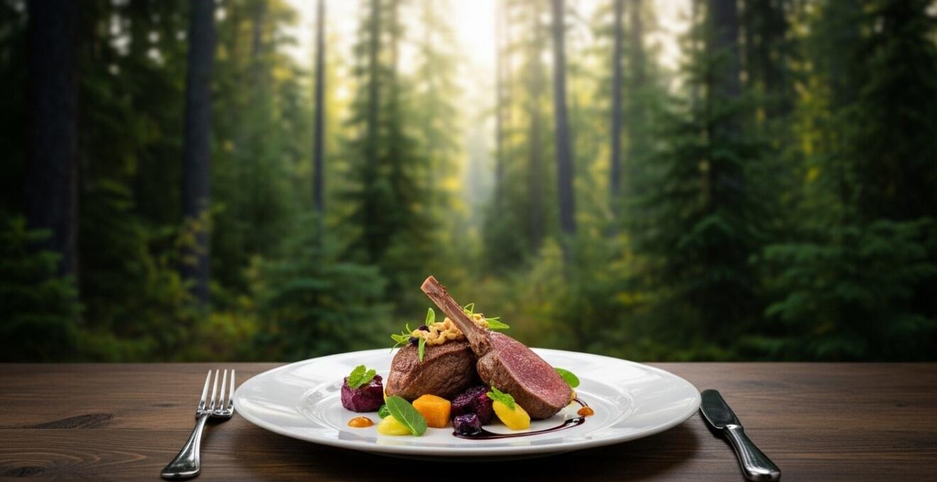Photographie réaliste d'un plat raffiné de gibier sauvage québécois en pleine forêt boréale