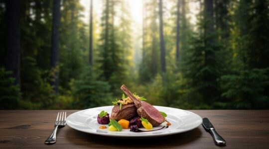 Photographie réaliste d'un plat raffiné de gibier sauvage québécois en pleine forêt boréale