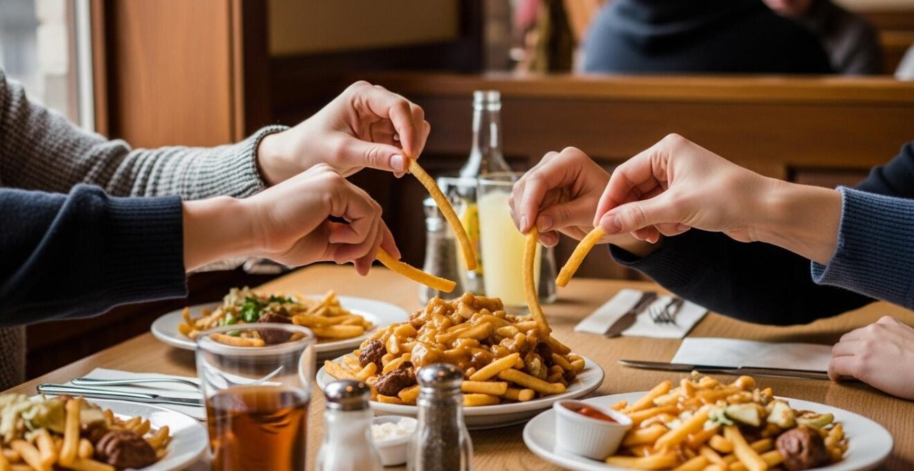 Assiette de poutine authentique sur une table conviviale dans une brasserie québécoise