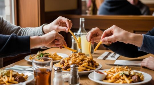 Assiette de poutine authentique sur une table conviviale dans une brasserie québécoise
