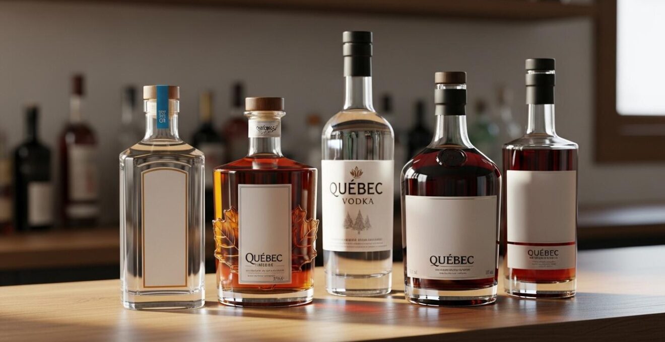 Composition élégante de cinq bouteilles de spiritueux québécois sur un comptoir en bois