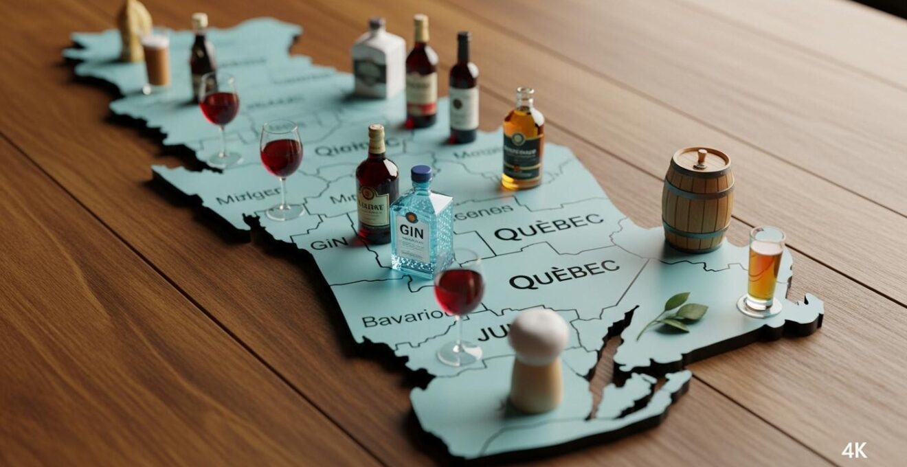 Carte artistique illustrant les différentes routes des boissons au Québec avec icons pour vins, bières, et spiritueux