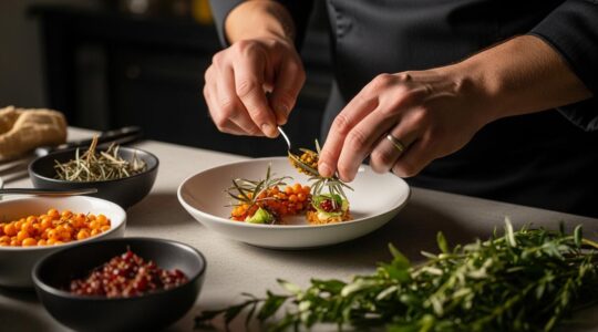 Un chef québécois dans une cuisine contemporaine avec des ingrédients locaux du terroir boréal