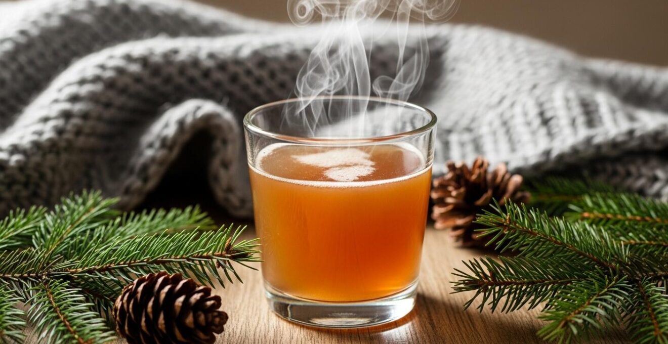 Photographie réaliste d'un cocktail chaud québécois avec des éléments naturels d'hiver en arrière-plan