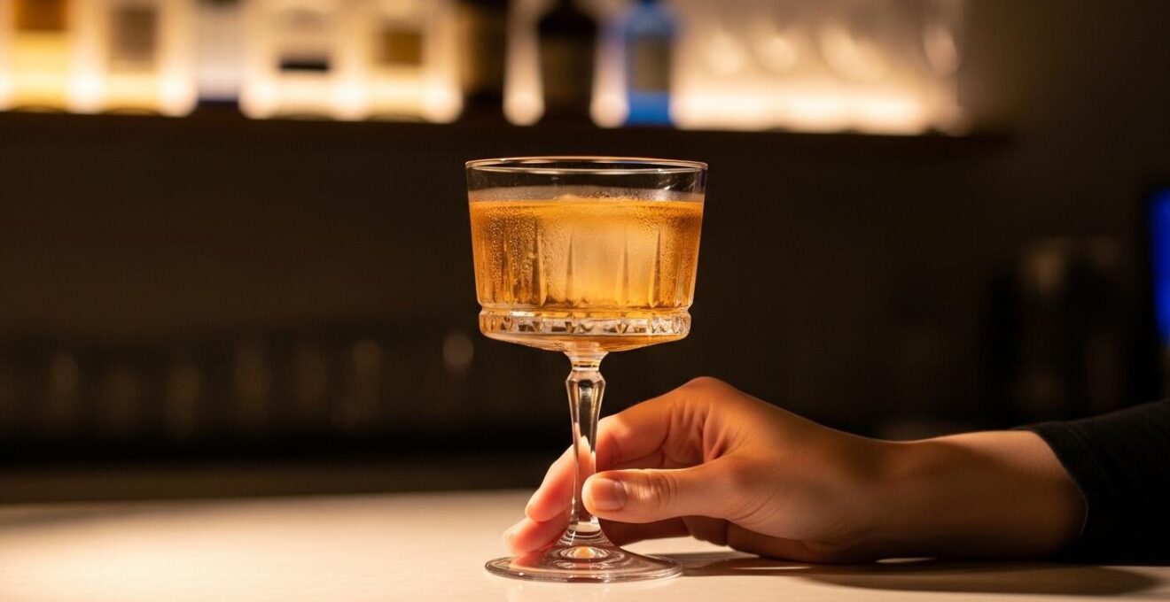 Cocktail luxueux à base de cidre de glace dans un verre élégant, décoré d’éléments naturels, sur un fond sombre et raffiné.