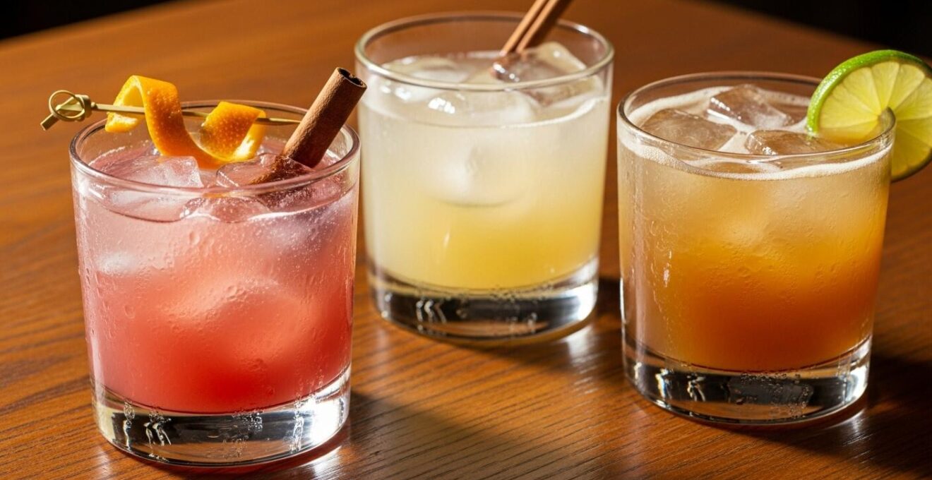 Verres à cocktails avec différentes boissons à base de liqueur d’érable, glace et garnitures naturelles sur fond de bois chaleureux