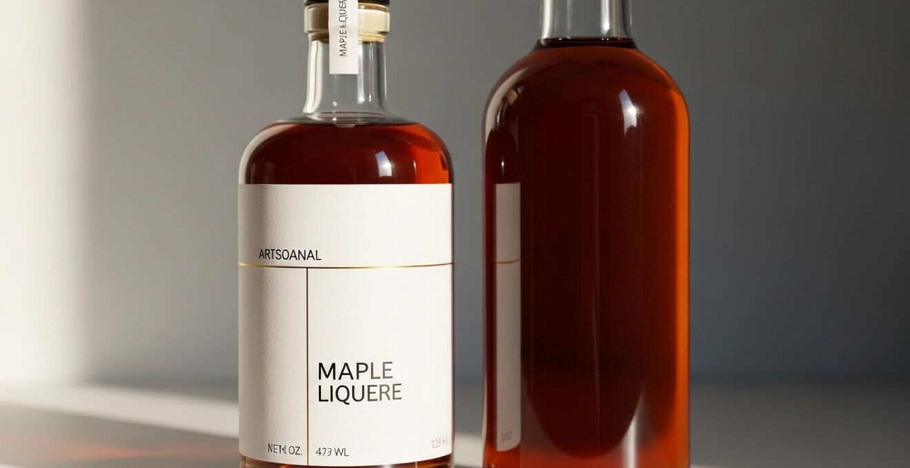 Deux bouteilles de liqueur d'érable posées côte à côte sur un fond sobre, avec mise au point différente pour marquer la distinction entre artisanal et industriel