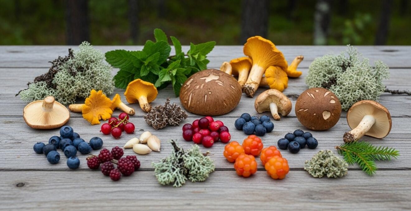 Composition environnementale montrant un assortiment d’ingrédients sauvages du terroir boréal québécois sur une table en bois rustique