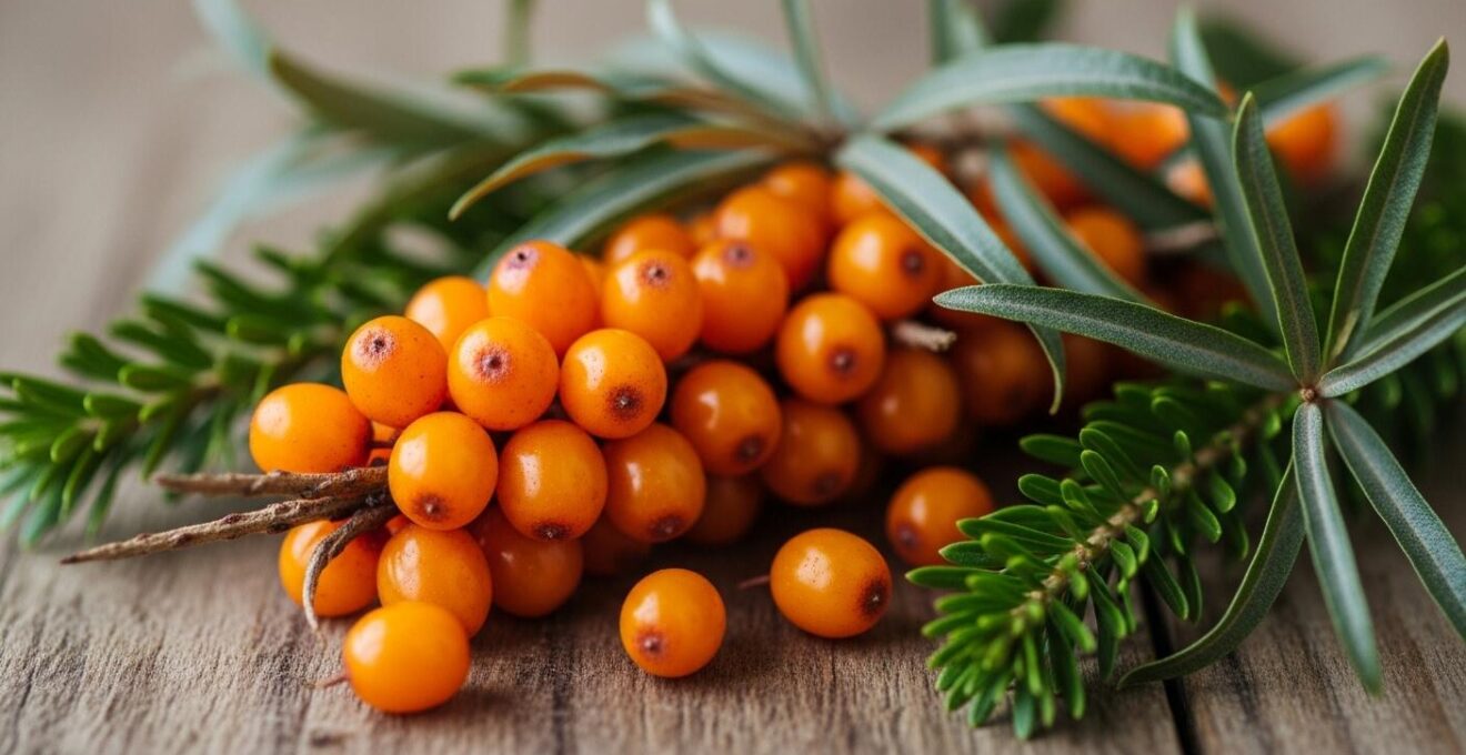 Détail macro de baies d'argousier et plantes boréales utilisées en cuisine