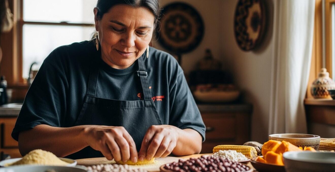 Portrait chaleureux d'une cheffe autochtone préparant un repas traditionnel dans une ambiance familiale