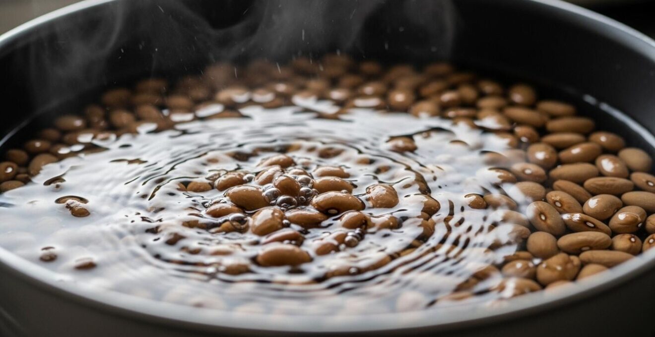 Photographie réaliste d’une casserole avec haricots secs en train de tremper dans de l’eau chaude