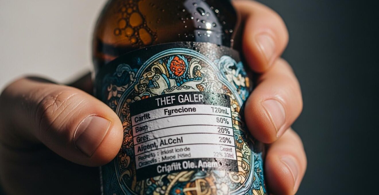 Photographie en gros plan d’une main tenant une bouteille de bière artisanale avec une étiquette détaillée visible en arrière-plan floue