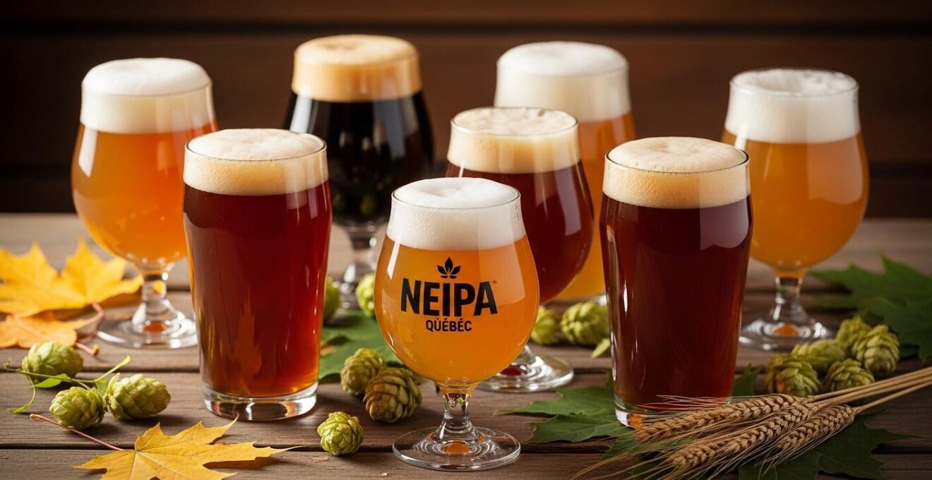 Photographie réaliste montrant un brassin artisanal avec plusieurs verres de différentes bières colorées, dans un décor chaleureux et accueillant typique du Québec