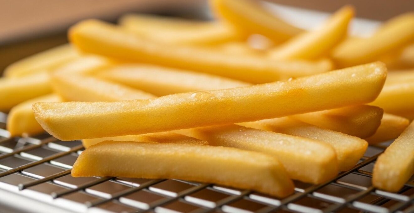 Photo macro d’une frite dorée sur une grille, illustrant la texture croustillante obtenue par la double cuisson.