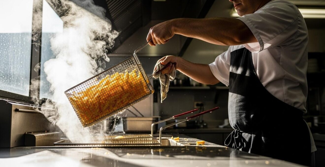 Deux bains d’huile avec panier de frites dorées, composition culinaire dynamique