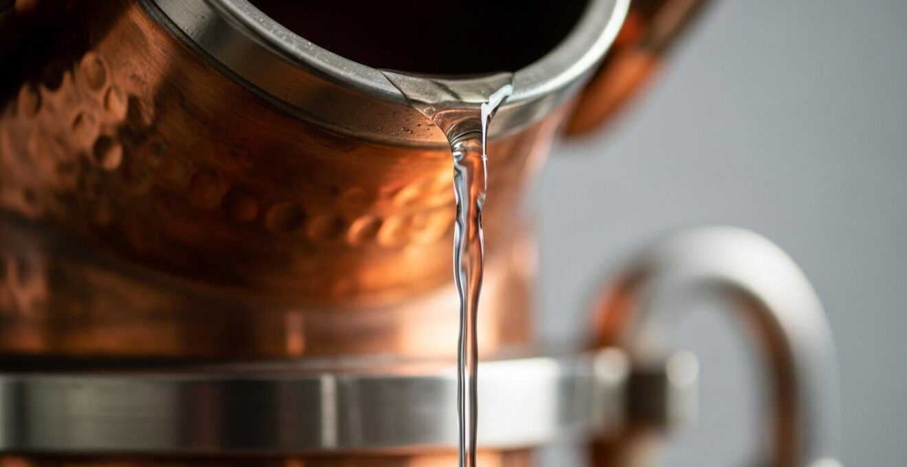 Vue macro sur la texture d'un distillat clair coulant dans un alambic en cuivre avec des reflets chaleureux