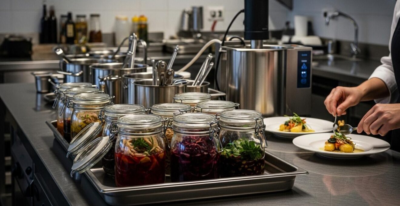 Détail d'un plat moderne fermenté avec cuisson de précision en cuisine professionnelle