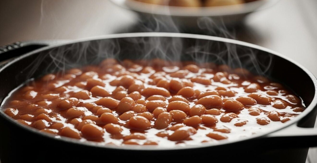 Vue en gros plan d'une marmite en fonte avec des fèves au lard en cuisson lente, lumière naturelle chaude