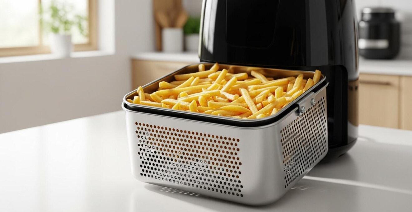 Photo d’un panier d’Airfryer ouvert avec des frites dorées, sur un plan de cuisine moderne.