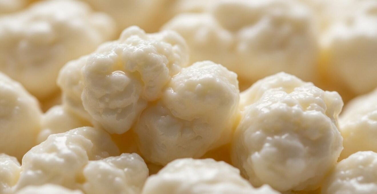 Gros plan macro sur des morceaux de fromage en grains frais posés sur une assiette, texture lisse et brillante