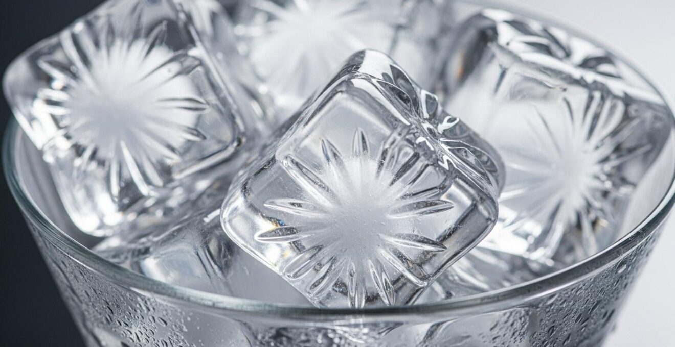 Gros plan sur des glaçons originaux et translucides dans un verre de cocktail