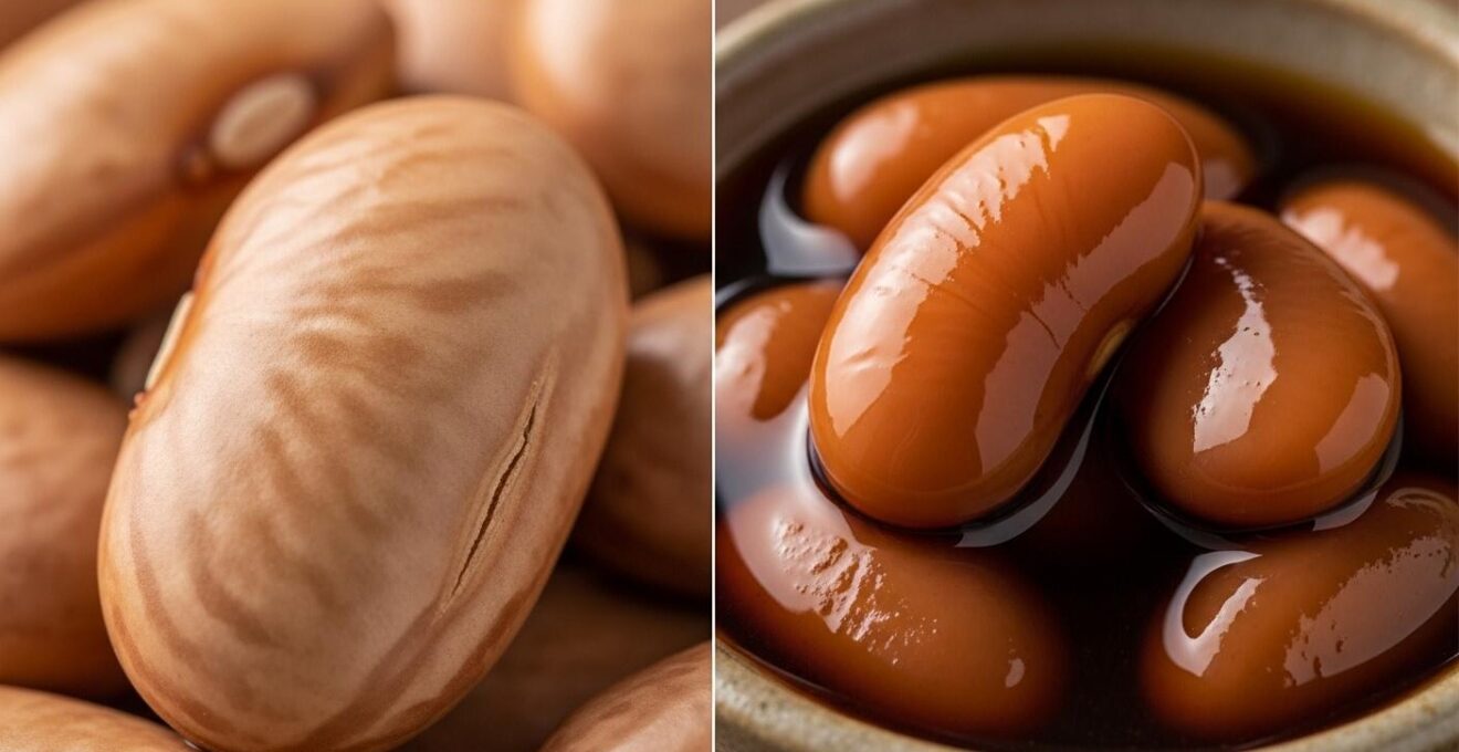 Photo en gros plan d’un haricot sec à côté d’un haricot en conserve dans un bol, illustrant le choix entre les deux formes