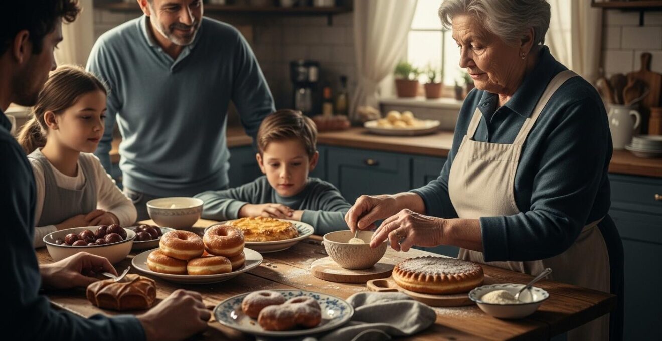 Photographie d'un repas familial québécois traditionnel avec des plats anciens et des mains de grand-mère en train de cuisiner
