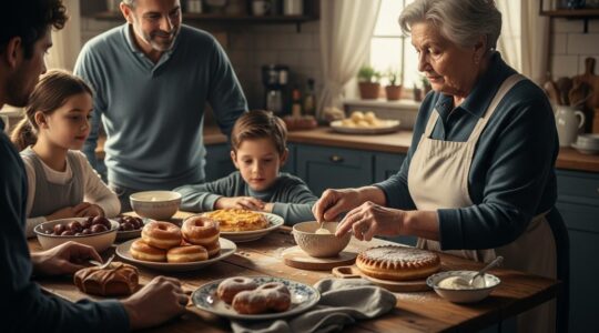Photographie d'un repas familial québécois traditionnel avec des plats anciens et des mains de grand-mère en train de cuisiner