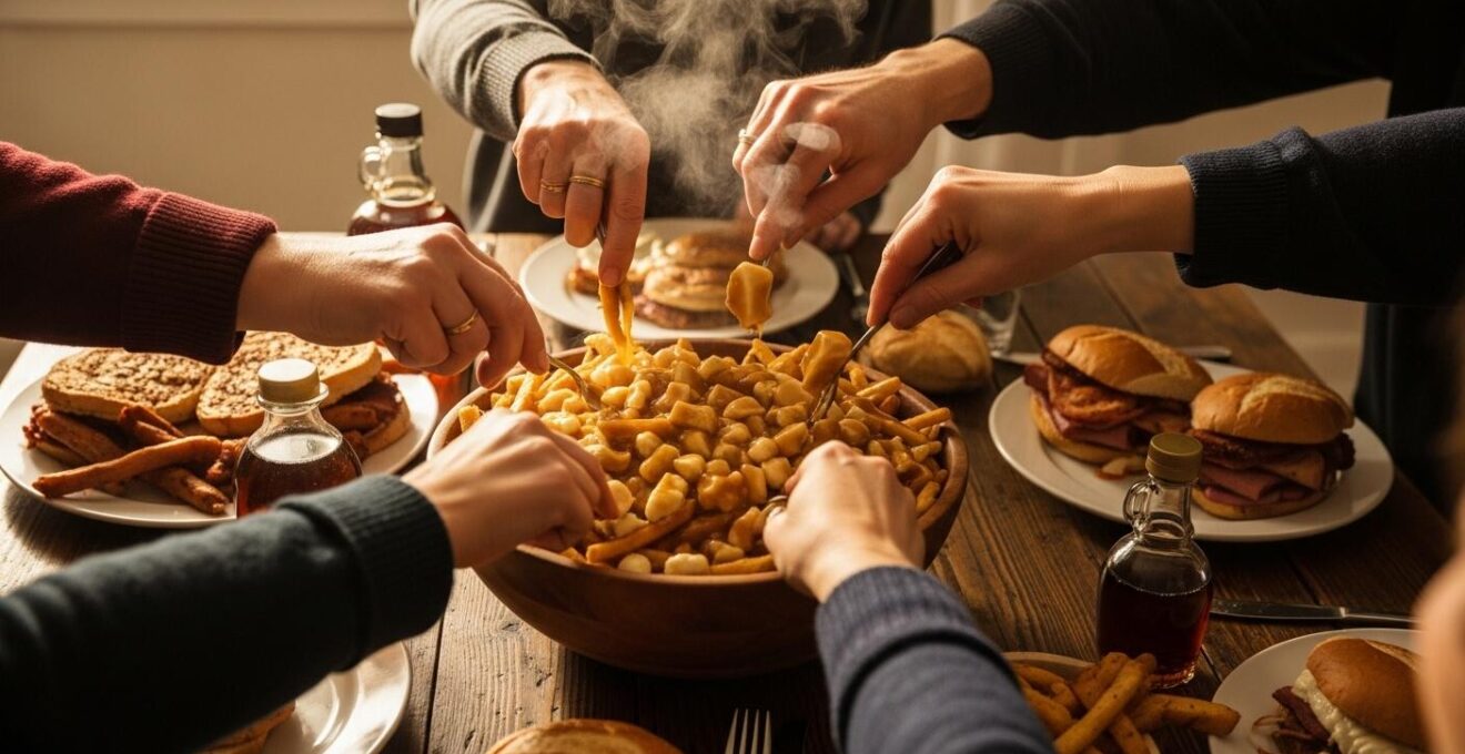 Gros plan sur des mains québécoises partageant un bol de fromage en grains frais sur une grande table conviviale, ambiance chaleureuse