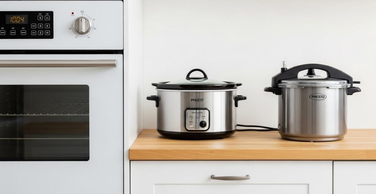 Trois ustensiles de cuisine : four, mijoteuse et presto posés côte à côte sur un plan de travail