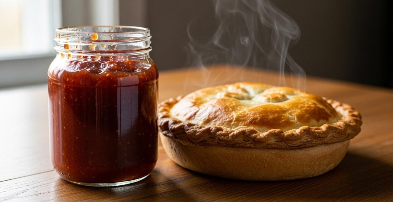 Pot artisanal de ketchup aux fruits avec une cuillère en bois posé à côté d’une tourtière traditionnelle sur une table rustique