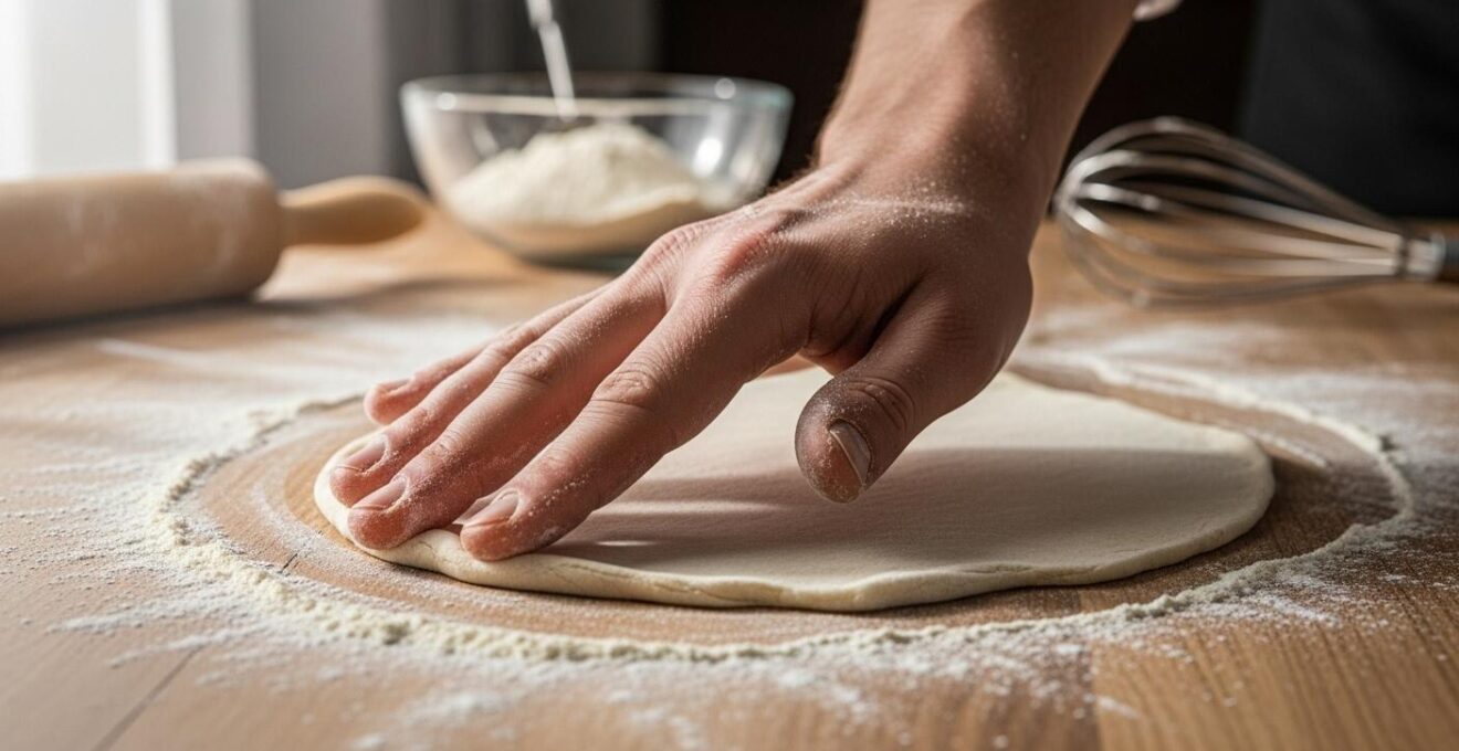 Gros plan sur une main étalant une pâte fine et dorée sur un plan de travail en bois avec des outils de pâtisserie traditionnels