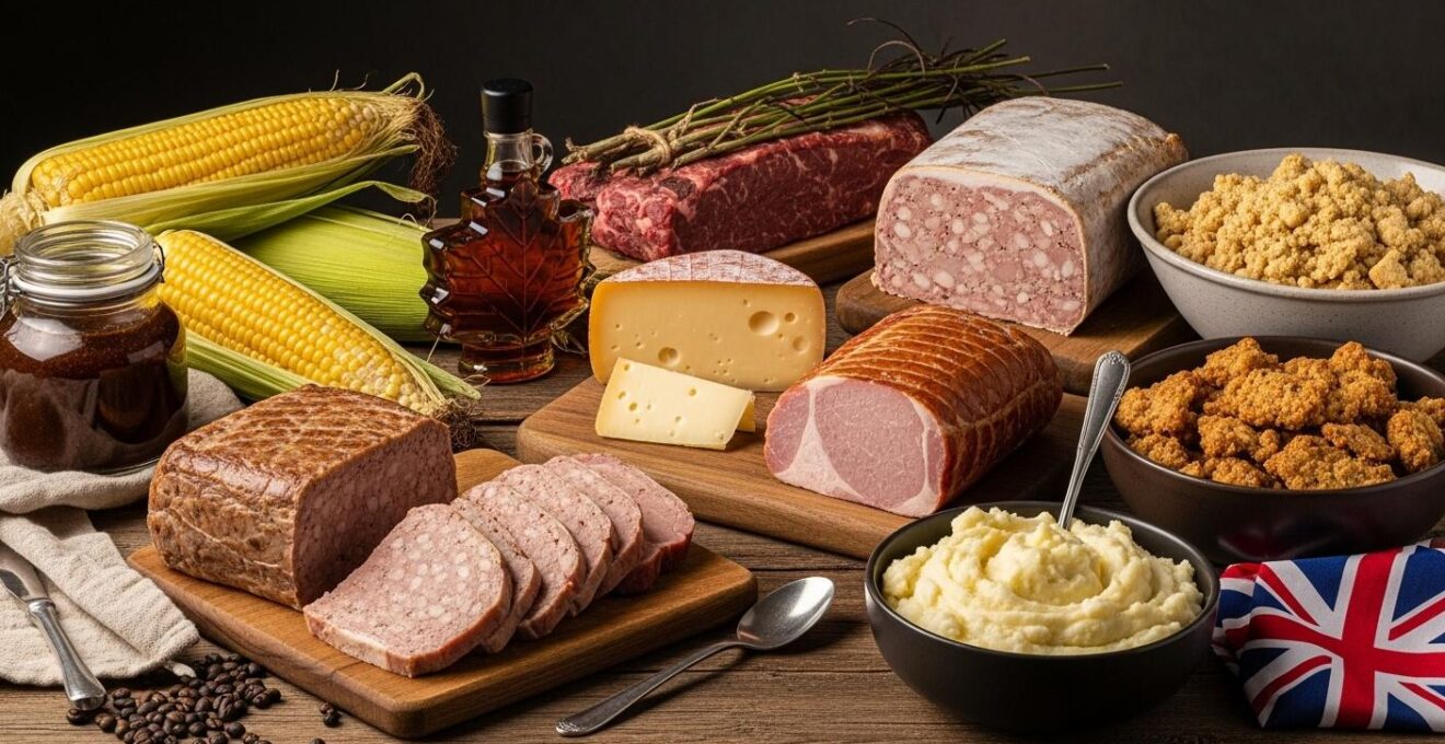 Illustration symbolique montrant un mélange d’ingrédients typiques autochtones, français et britanniques sur une table rustique