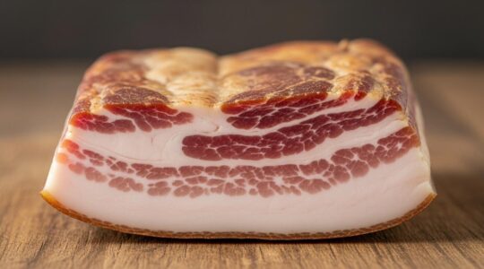 Plan rapproché réaliste d'un morceau de lard salé artisanal posé sur une planche en bois, avec une lumière naturelle douce mettant en valeur la texture et la graisse.