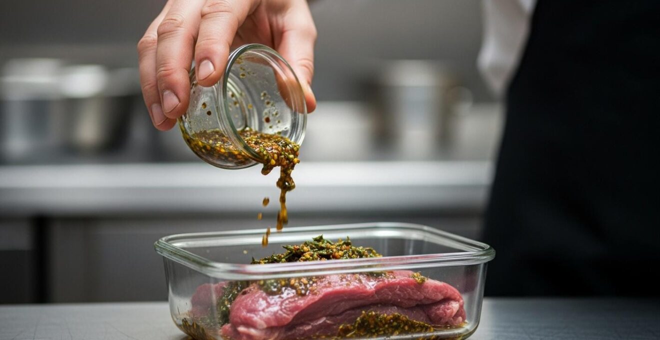 Photographie documentaire montrant un chef versant une marinade parfumée sur une pièce de gibier, avec des herbes fraîches autour