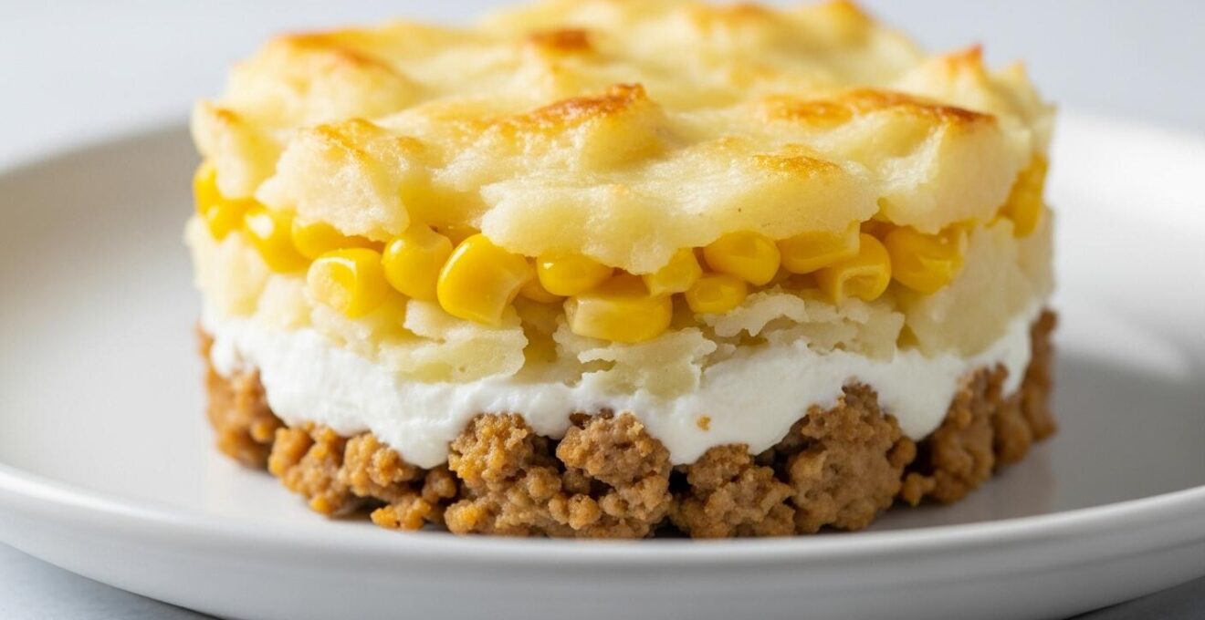 Plat traditionnel de pâté chinois québécois présenté en gros plan, montrant les trois couches distinctes de viande hachée, maïs en crème et purée de pommes de terre gratinée