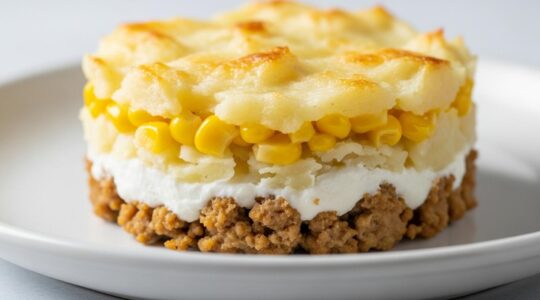 Plat traditionnel de pâté chinois québécois présenté en gros plan, montrant les trois couches distinctes de viande hachée, maïs en crème et purée de pommes de terre gratinée
