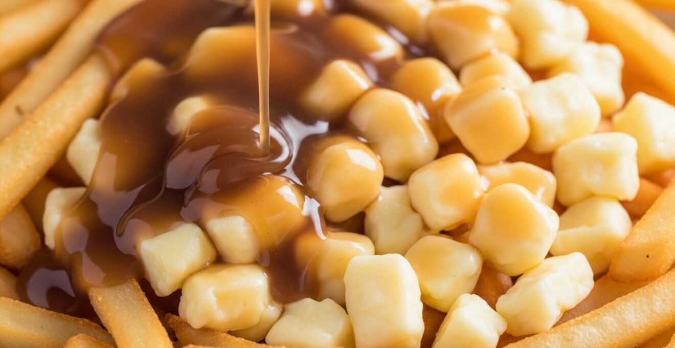 Gros plan sur les trois éléments essentiels d'une poutine classique : frites, fromage en grains et sauce brune