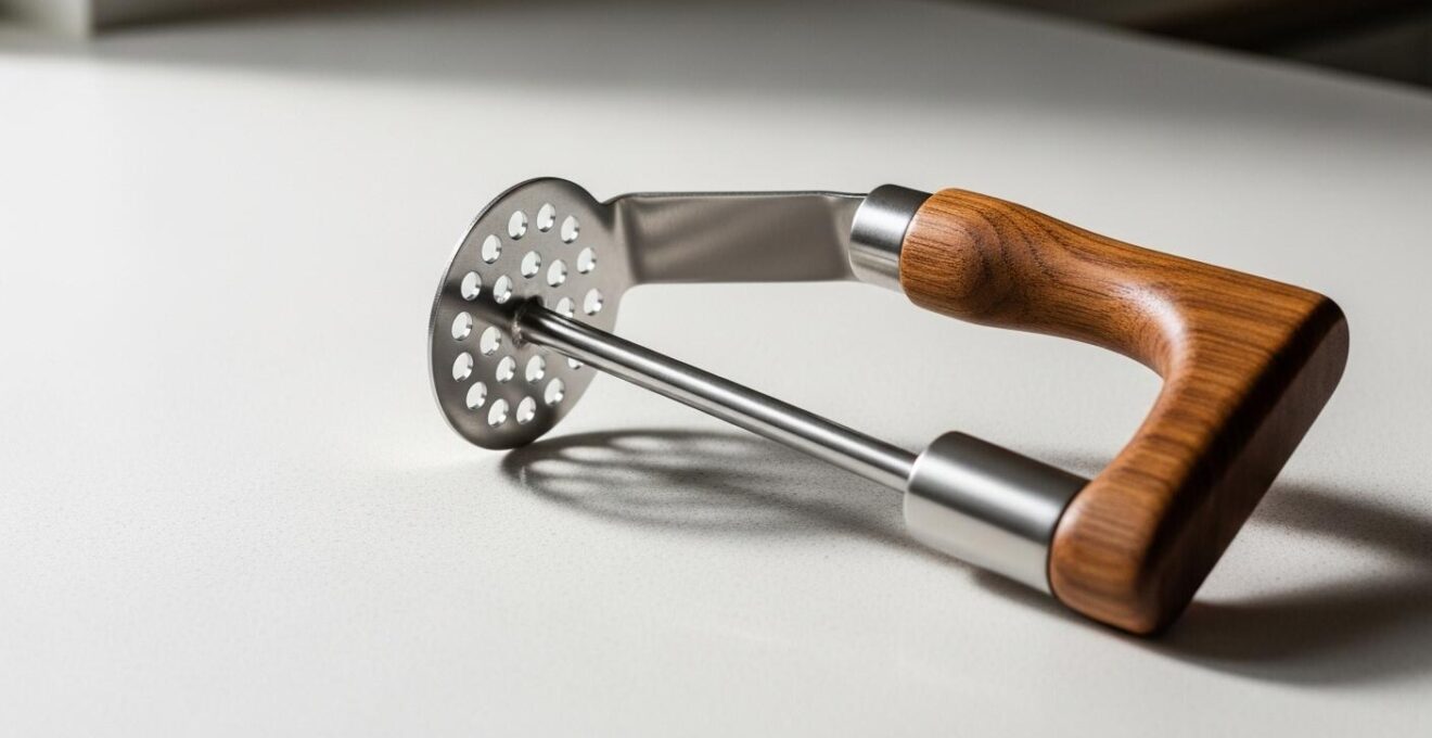 Presse-purée manuel avec manche en bois ergonomique sur plan de cuisine clair