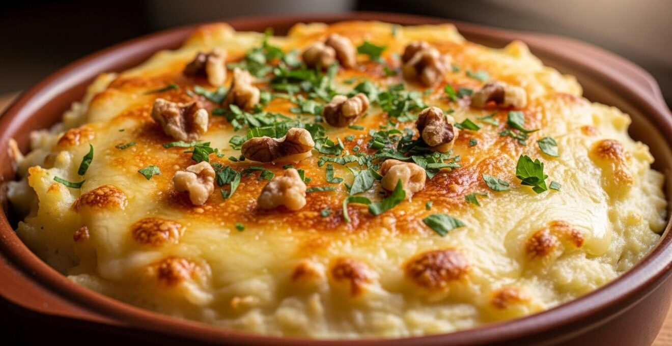 Plat de purée gourmande gratinée au four avec éclats de noix et herbes fraîches