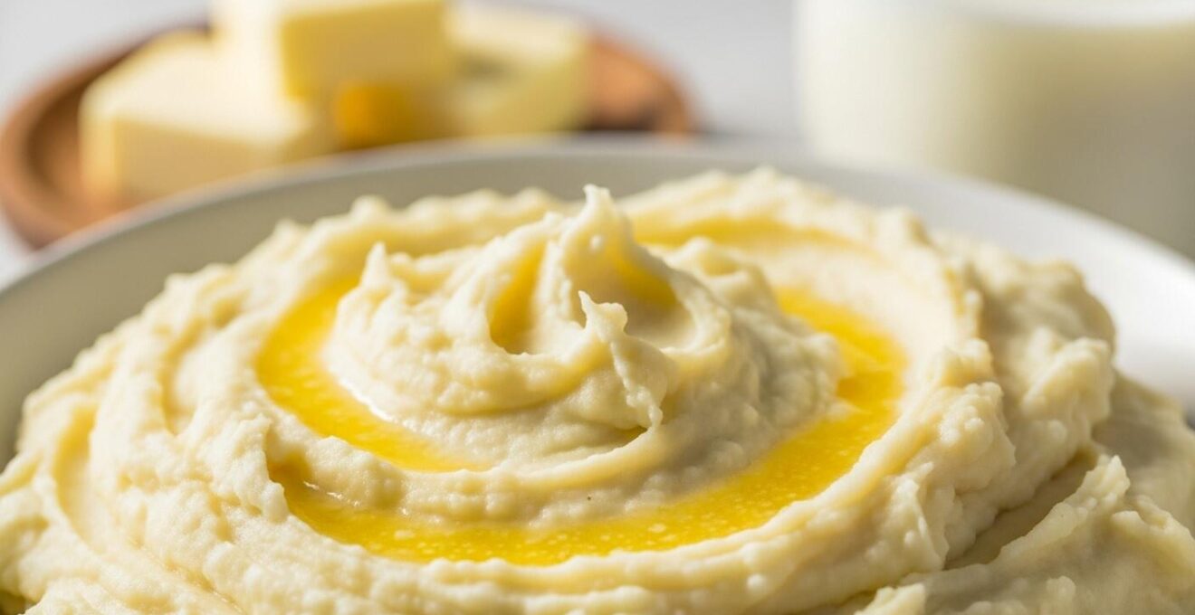 Photographie réaliste d'une purée de pommes de terre onctueuse avec un morceau de beurre fondant et un pot de lait chaud à côté