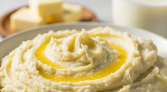 Photographie réaliste d'une purée de pommes de terre onctueuse avec un morceau de beurre fondant et un pot de lait chaud à côté