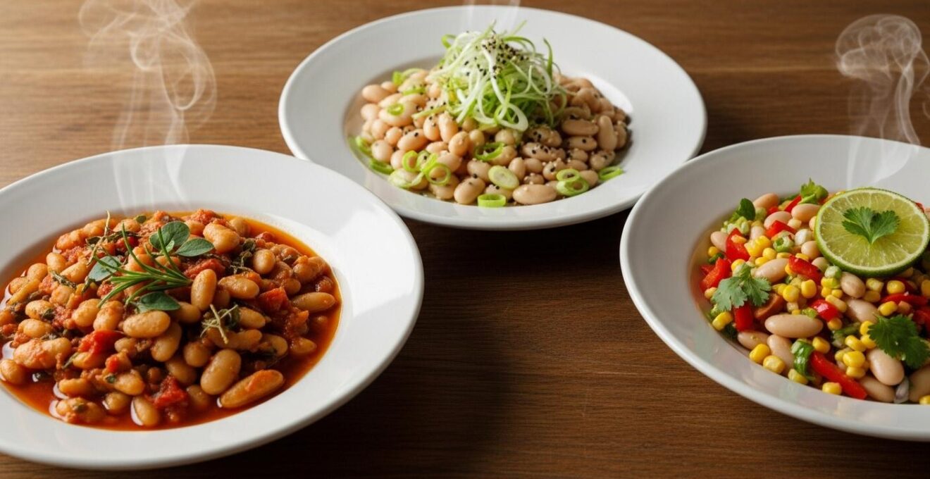 Trois assiettes distinctes avec des plats de haricots blancs de styles culinaires différents, posées côte à côte