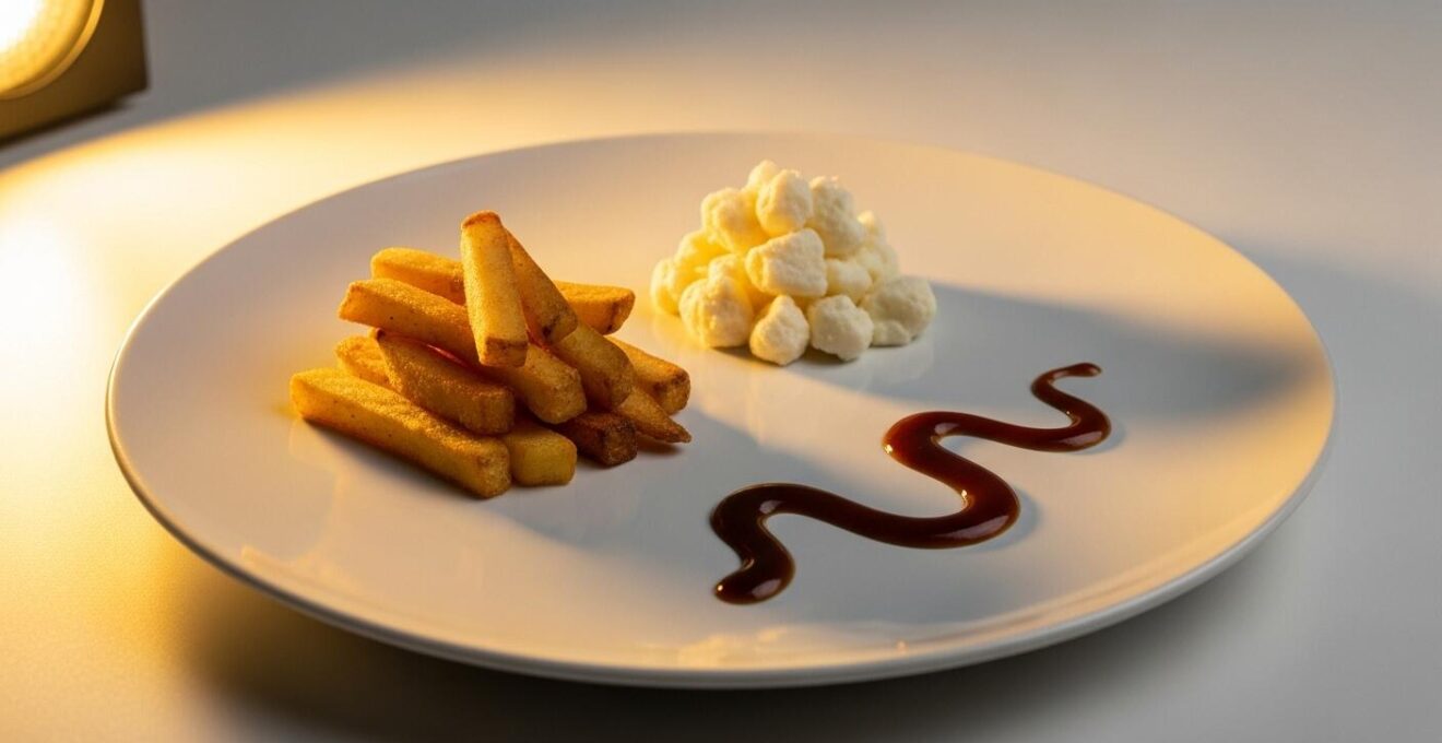 Composition photographique symbolique des trois ingrédients phares de la poutine, dressés sur une grande assiette artistique
