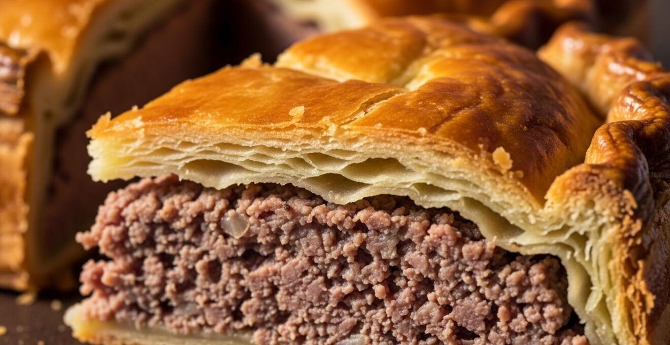Gros plan d'une tarte à la viande québécoise avec une croûte dorée parfaitement croustillante et une garniture juteuse visible à la découpe