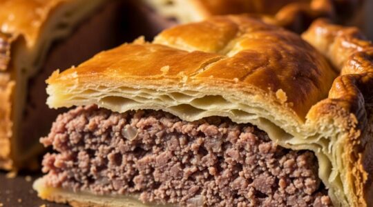 Gros plan d'une tarte à la viande québécoise avec une croûte dorée parfaitement croustillante et une garniture juteuse visible à la découpe