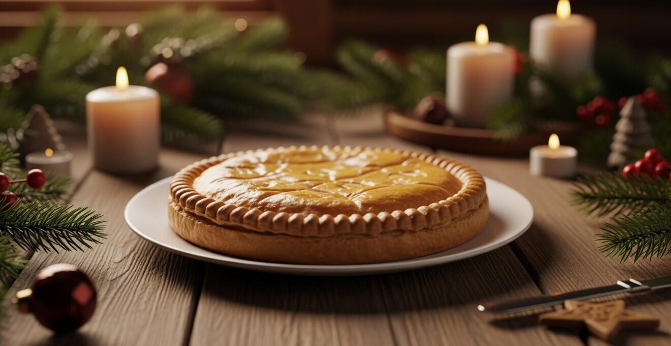 Vue artistique d'une tourtière traditionnelle québécoise dorée, entourée d'éléments festifs de Noël typiques du Québec